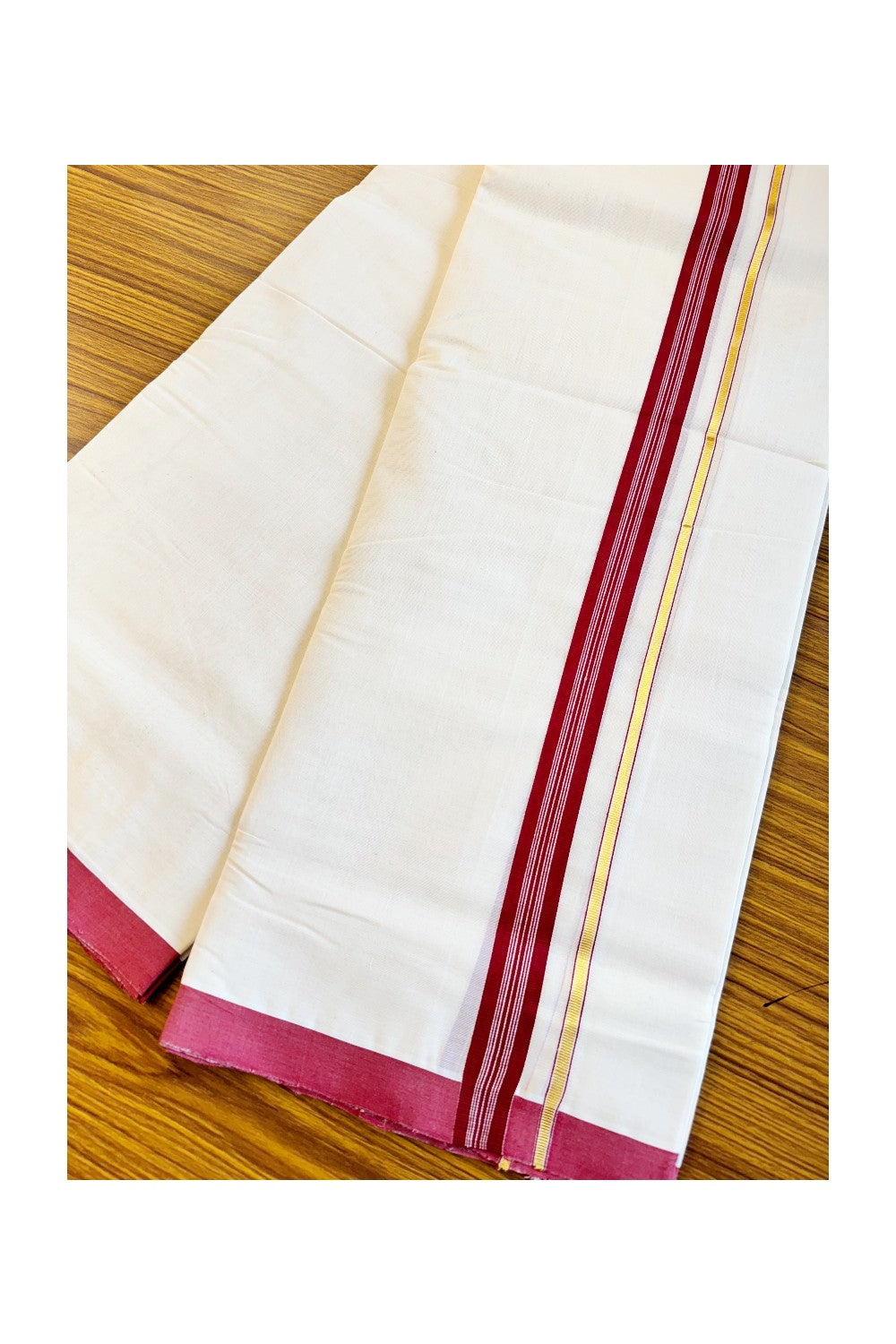 15% DISCOUNT!! KaithariKada HANDLOOM Unakkupaavu Balaramapuram - 100% PURE Cotton OFF White (Unbleached) Double Mundu/Dothi -  RED + KASAVU Striped 1 inch Kara-KK46SOM-17.