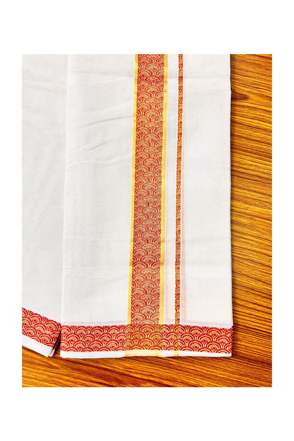 18 % DISCOUNT ! KaithariKada HANDLOOM Unakkupaav Balaramapuram - 100% PURE Cotton 4.44 Meter Off White Double Mundu/Dhoti - Brick Red Flower & KASAVU DESIGN 2.5 Inch KARA- ABH17