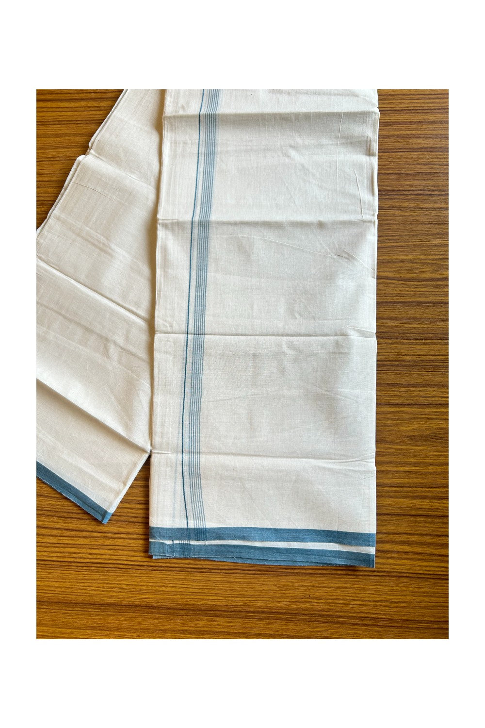 23% DISCOUNT! KaithariKada Balaramapuram 100% Cotton Double Off white Mundu/Dhoti-100x90 0.75inch Blue Striped kara - 17KK431VAS