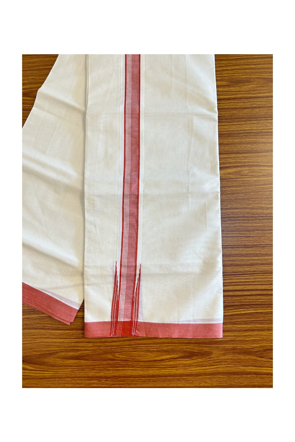 20% DISCOUNT ! KaithariKada 100% Cotton OFF WHITE (Unbleached) Double Dhoti/Mundu- 1.75inch  Puliyilakkara Brick Red Wings Chutty - 21KK455ASH