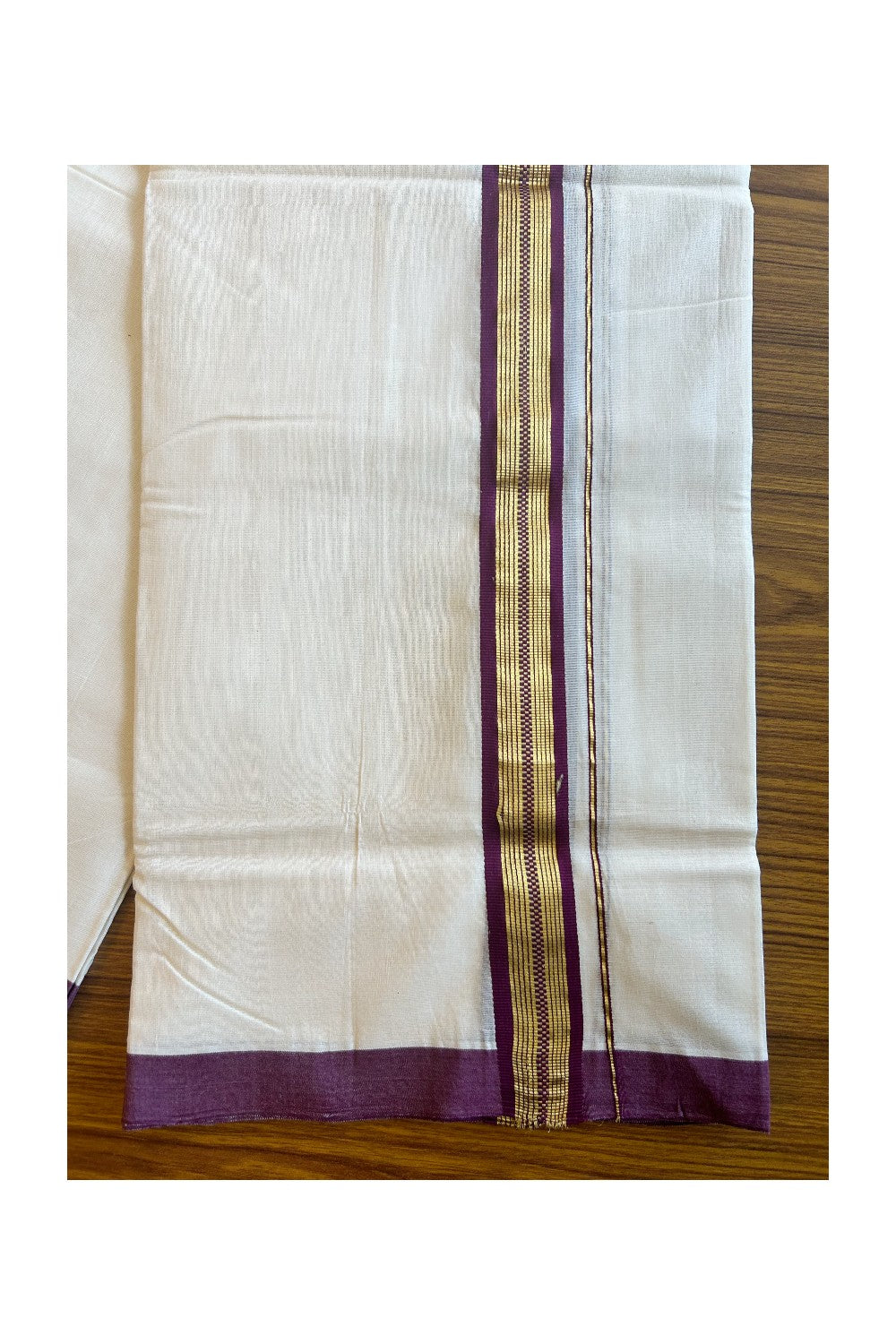 20% DISCOUNT!! KaithariKada HANDLOOM UNAKKUPAAV Balaramapuram - 100% PURE Cotton OFF White (Unbleached) Double Mundu/Dothi - 1.75 Inch Kasavu  & Wine Purple striped pattern Kara - 17KK456KK