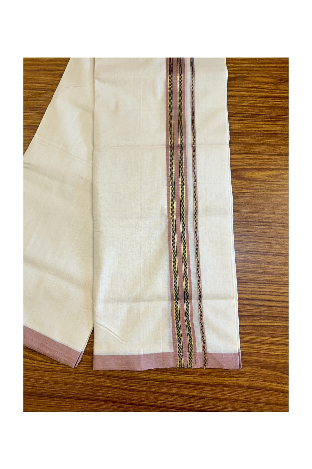 15% Discount!!! KaithariKada HANDLOOM UNAKKUPAAV Balaramapuram - 100% PURE Cotton off white (Unbleached) Double Mundu/Dhoti - 2 inch Kasavu Pink brown & Navy blue pattern kara - 17KK458SOM