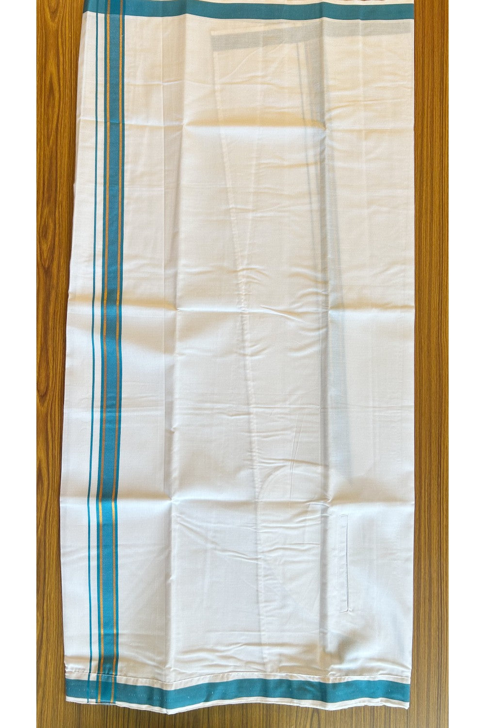 KaithariKada Balaramapuram COTTON SINGLE PURE WHITE VELCRO Mundu/Dhoti - 1.75inch Peacock Blue & Kasavu kara - 17KK485SRI