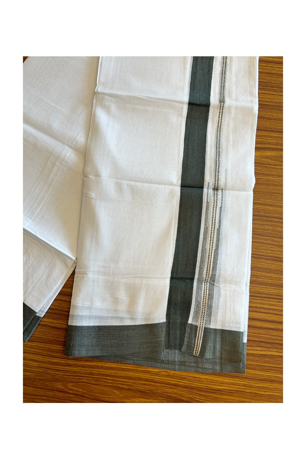 Kaitharikada  Balaramapuram 100% Pure Cotton PURE WHITE Double Mundu/Dothi - 80x92 - 1.5 Inch Dark Sage Green & Silver Chutty kara - 17KK5022VAN