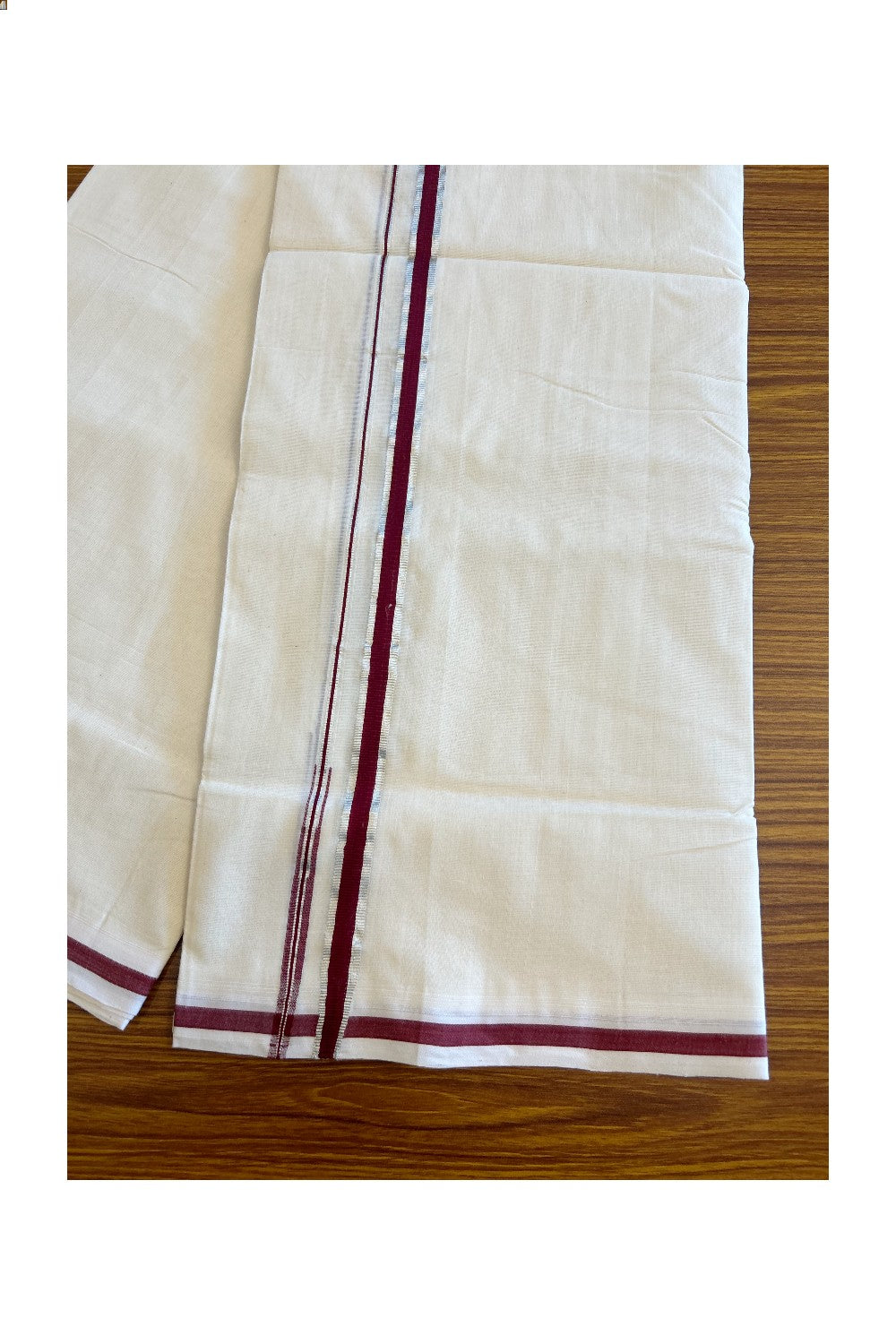 15% Discount!! KaithariKada HANDLOOM UNAKKUPAAV Balaramapuram - 100% PURE Cotton Off white (Unbleached) Double Mundu/Dhoti - 1.cm  Maroon & Silver Kasavu Chutty Kara-120