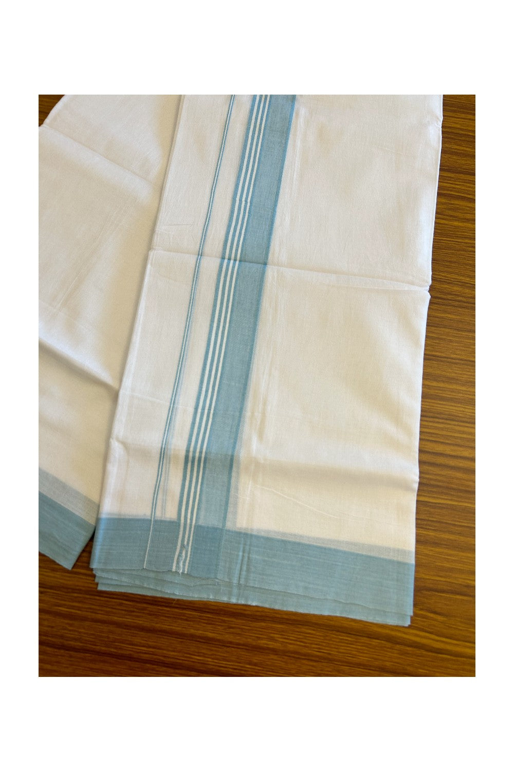 KaithariKada 100% Cotton PURE White  Double  Dhoti/Mundu 2.25 inch Light Sky Blue  Border- 74.