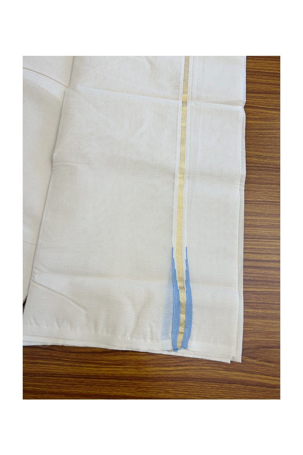 18% Discount New!! KaithariKada Balaramapuram 100% Cotton Double Off white - (Unbleached) - Mundu/Dhoti-100x100 2cm  Puliyilakkara Chutty Gold 4 Line Kasavu & Blue kara - 22