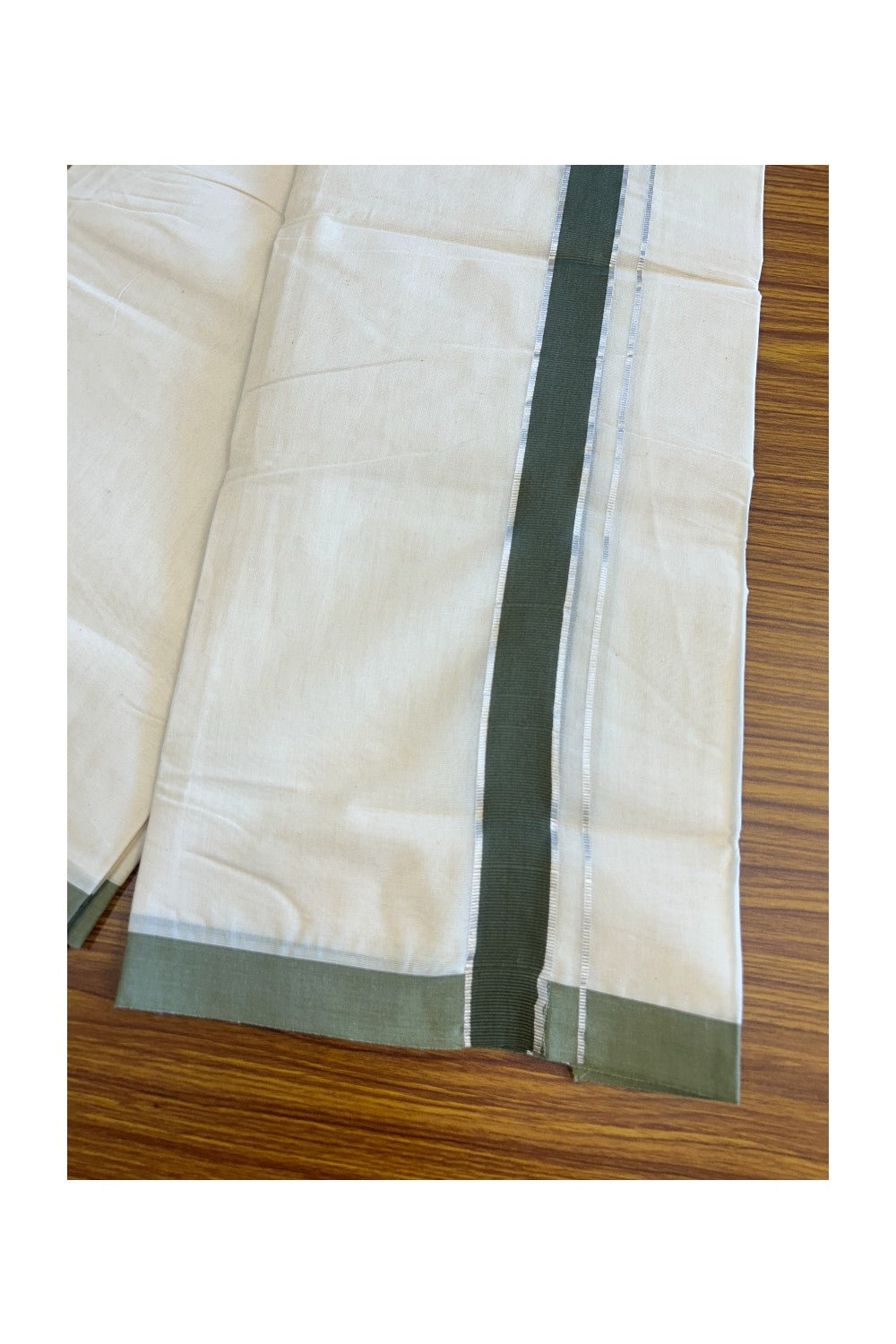 20% Discount KaithariKada Balaramapuram 100% Cotton Double Off white - (Unbleached) - Mundu/Dhoti - 100x80 - 1.75inch Silver Kasavu & Dark sage Green Kara 3.75 mtr - 112