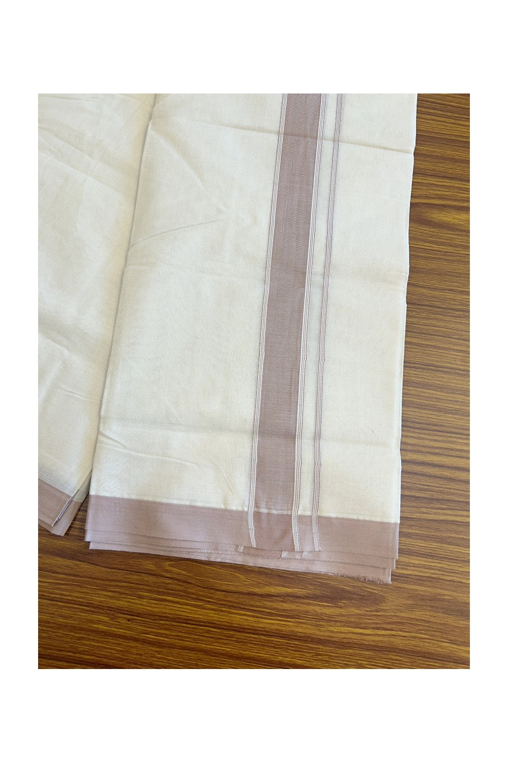 KaithariKada Balaramapuram 100% Cotton Double Off white - (Unbleached) - Mundu/Dhoti-100x80 - 2 inch  Greyish Brown Kara 3.75 mtr  - 166