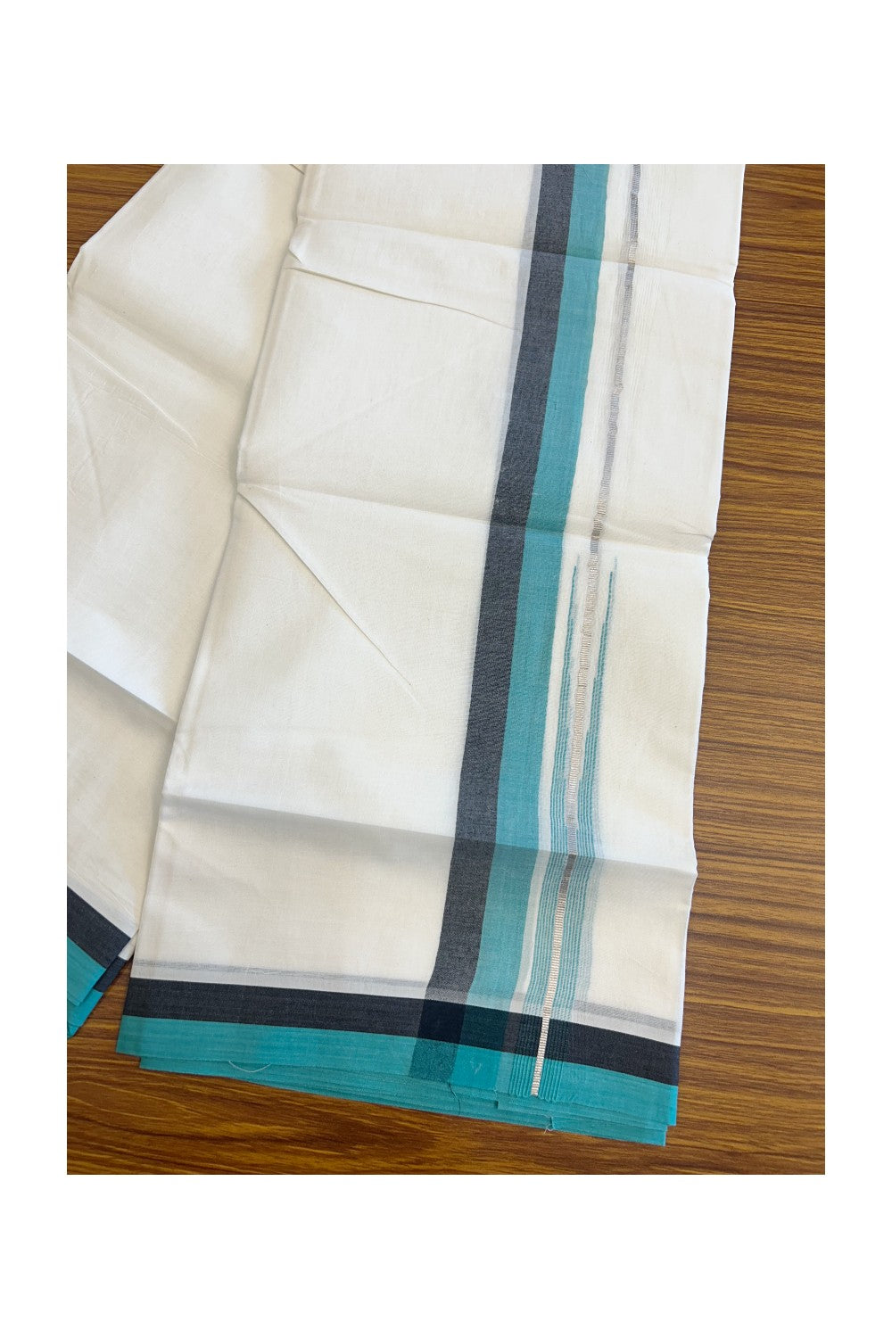 19% Discount!!! KaithariKada Balaramapuram  Double Off white - (Unbleached) Mundu/Dhoti - 80X90 - 1.5 inch Black & Dark Turquoise Green Silver Chutty Kara 3.85 meters - 17KK5058GUN