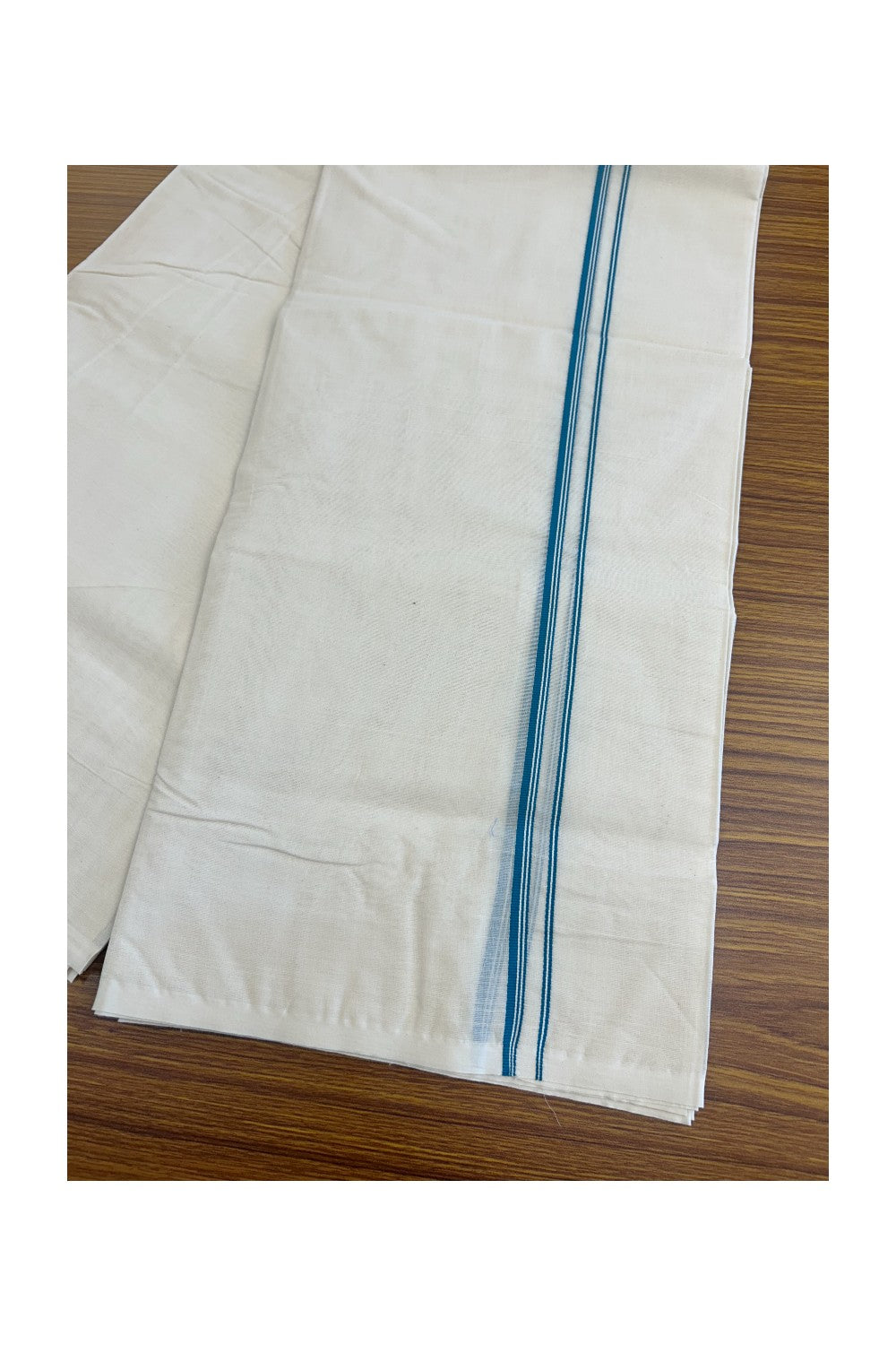 10% DISCOUNT ! KaithariKada Balaramapuram 100% Cotton Double Off white  - (Unbleached) Mundu/Dhoti-100X100-  PEACOCK  GREEN & STRIPES 2.cm Kara.-  ASH010.