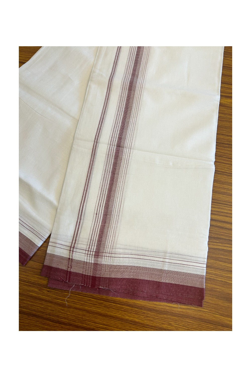 15% DISCOUNT!! Kaitharikada Balaramapuram 100% Cotton Ultra WHITE Double Mundu/Dothi-100x90  2.25 inch Sand Brown & Maroon shaded stripes kara - 17KK5067KK