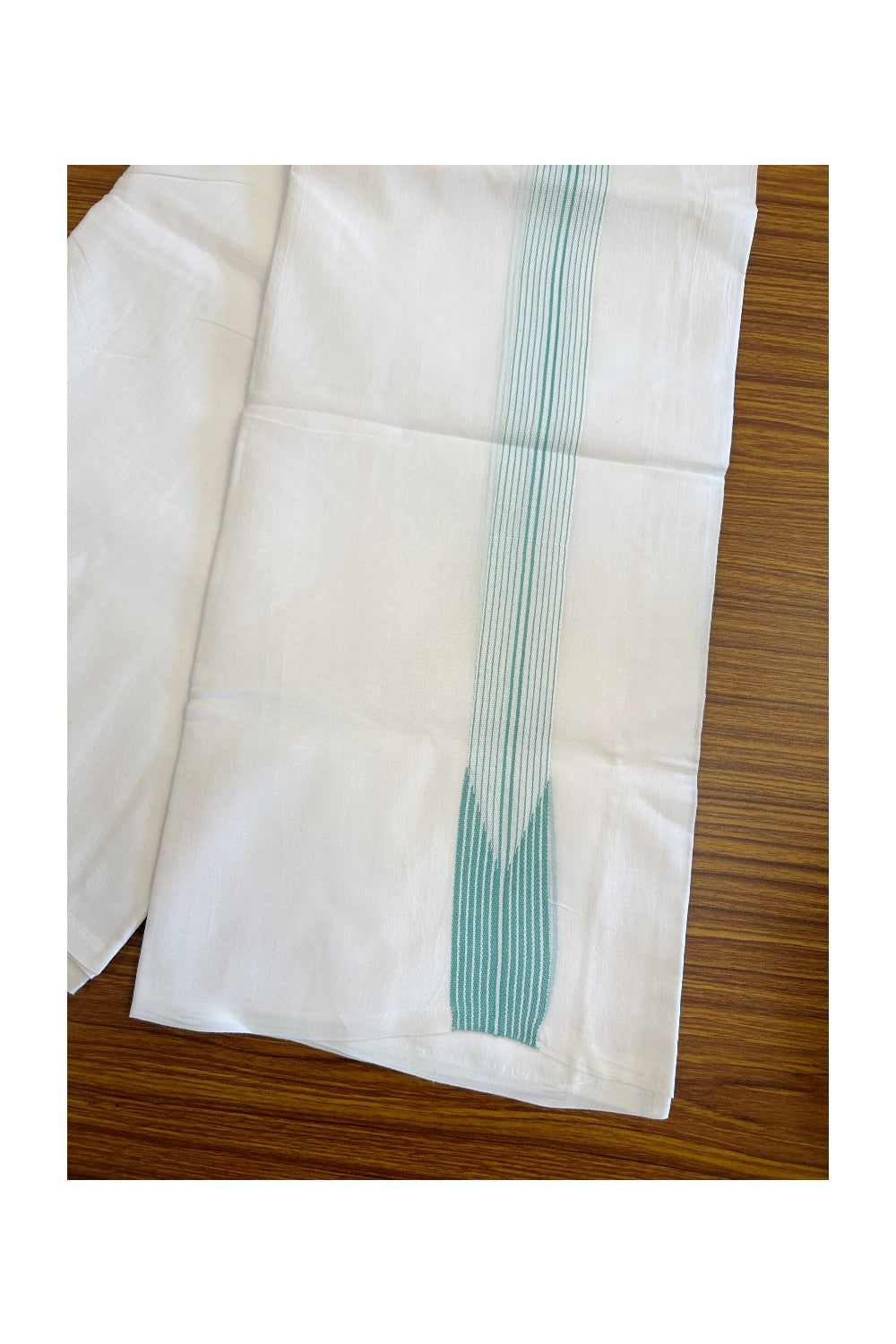 20% DISCOUNT!!! KaithariKada 100% Cotton Pure white Double Dhoti/Mundu- 12 Line Puliyilakkara Chutty Mint Green Stripes- 19KK412ASH