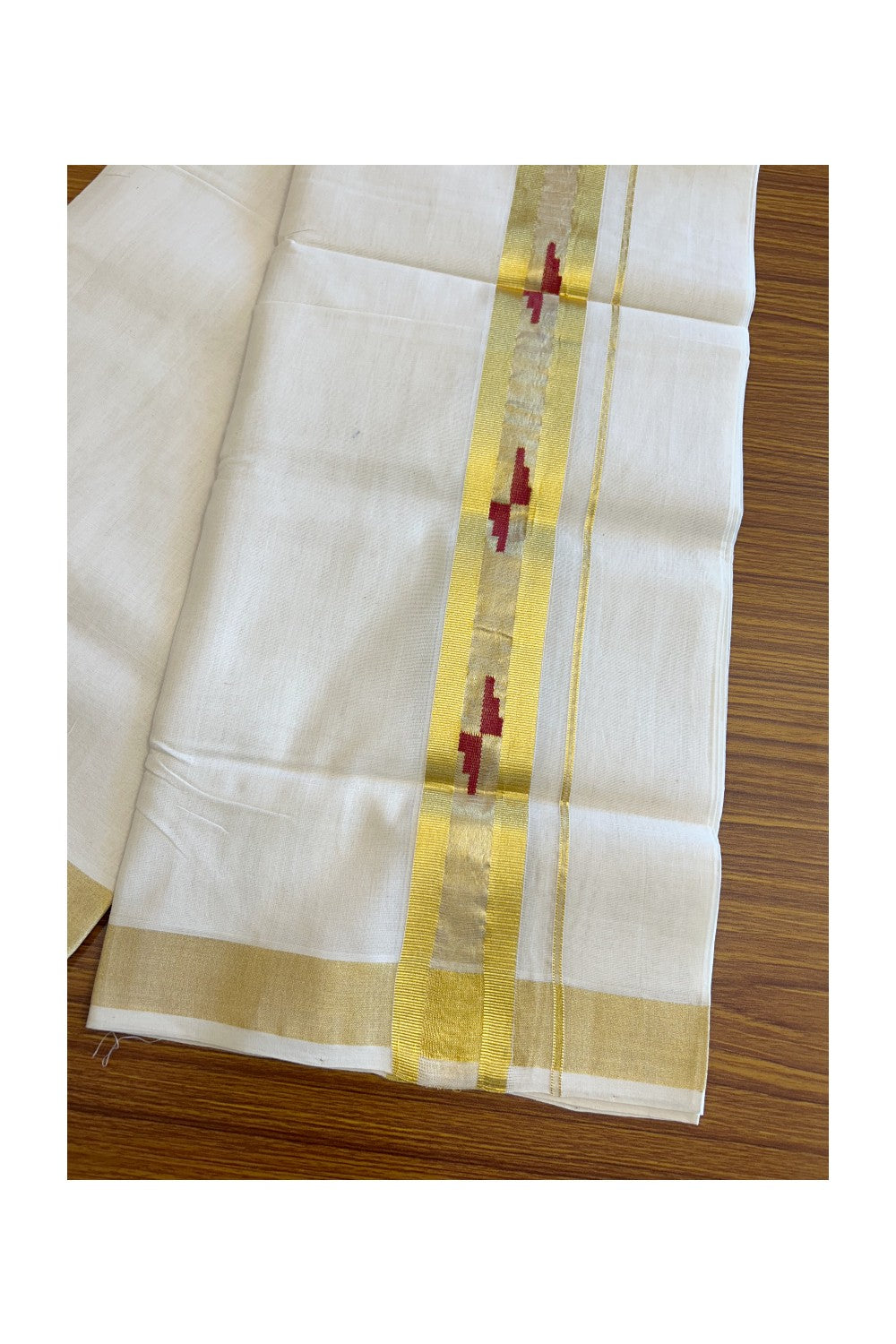 30% Discount!!! KaithariKada HANDLOOM UNAKKUPAAV Balaramapuram - 100% PURE Cotton off white (Unbleached) Double Mundu/Dhoti -100x 100 - 2.5 inch Kasavu with Center Tissue & Maroon design kara - 16KK5096YAR