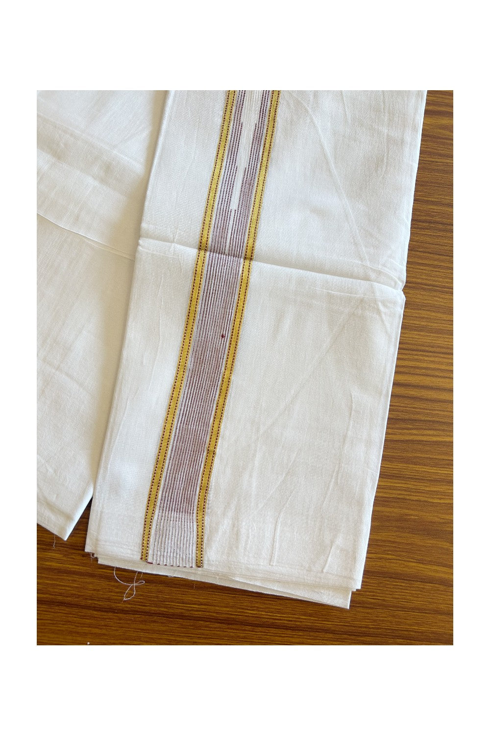 20% DISCOUNT!! KaithariKada Balaramapuram 100% Cotton PURE WHITE Double Mundu/Dhoti - 100x80 - 1.5 inch Wine Purple & Gold Kasav striped Chutty kara - 17KK5109THI