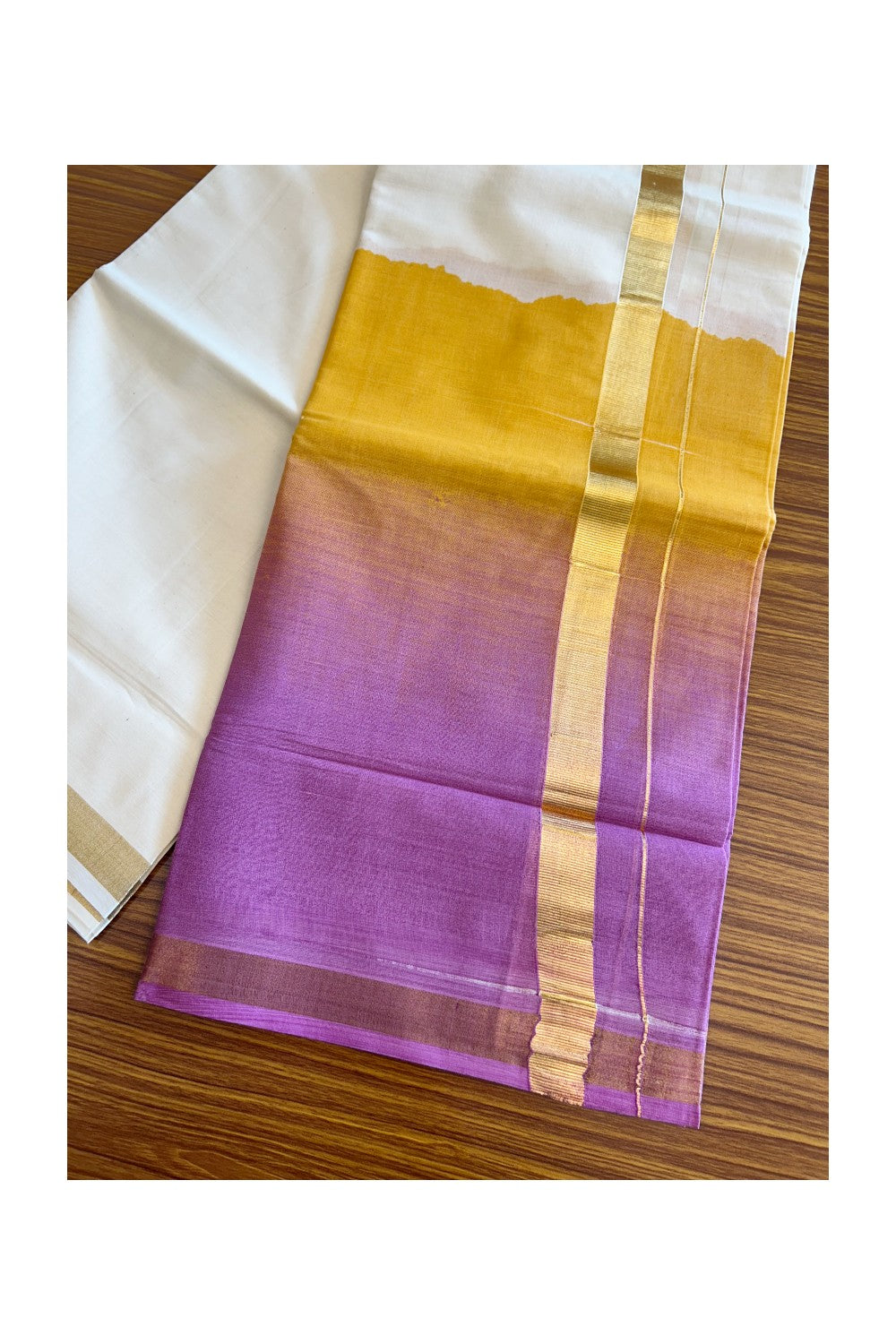 20% Discount !! KaithariKada Balaramapuram Mixed Cotton OFF White (Unbleached) Double Mundu/Dhoti -80x80 Thread Mixed Cotton - 1.75 inch Yellowish Orange & Light Grape Purple Dyed Kasav Kara  - 17KK5113PMC