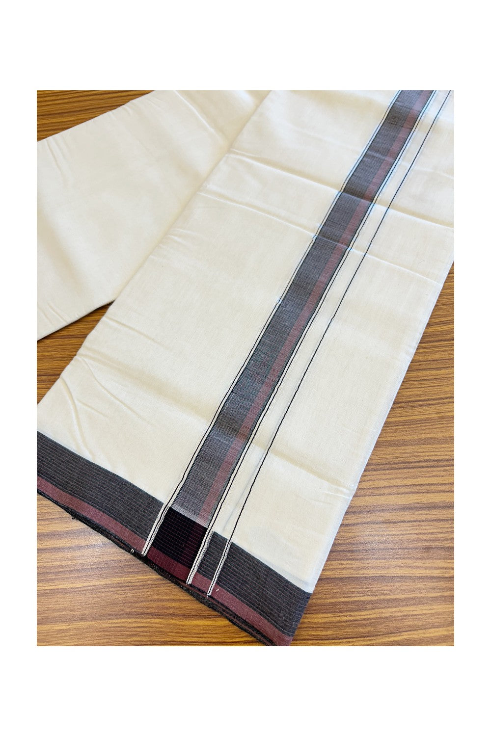 30% DISCOUNT! KaithariKada BALARAMAPURAM HANDLOOM UNAKKUPAAV - 100% PURE Cotton Off white (Unbleached) Double Mundu/Dhoti - 1.5 inch Maroon & Black Silver Kasav Kara - 17KK5123RAM