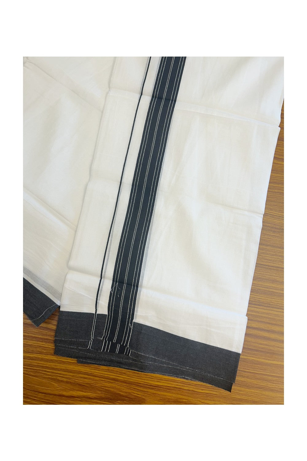 20% DISCOUNT! KaithariKada Balaramapuram 100% Cotton Double PURE white Mundu/Dhoti - 100x80 - 1.25 Inch Black Center Striped Kara - 17KK5135GAN