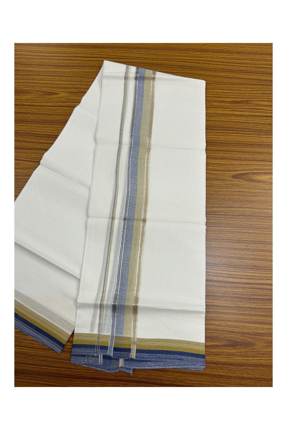 21% Discount !! KaithariKada Balaramapuram Double PURE WHITE Mundu/Dhoti- 100x80 - 1.75 inch Blue Olive Green Kara Silver Striped kara - 17KK5143PMC