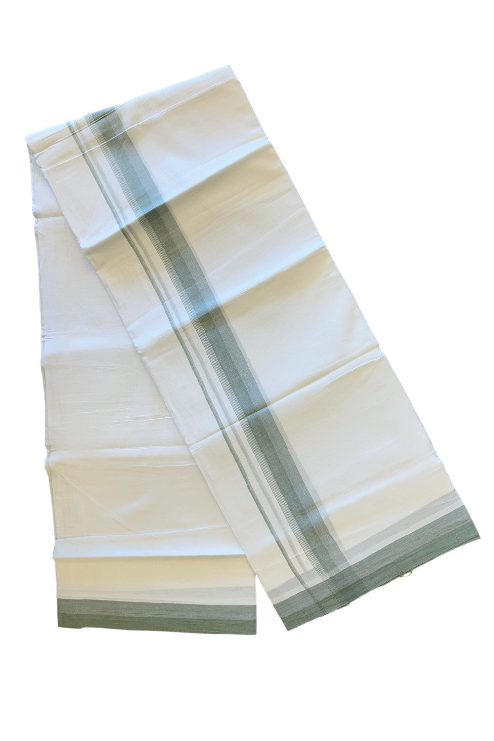 24% DISCOUNT!! Kaitharikada Balaramapuram 100% Cotton Ultra WHITE Double Mundu./Dothi-100x80 SAGE GREEN Striped  Cotton Kara -17KK61VAS