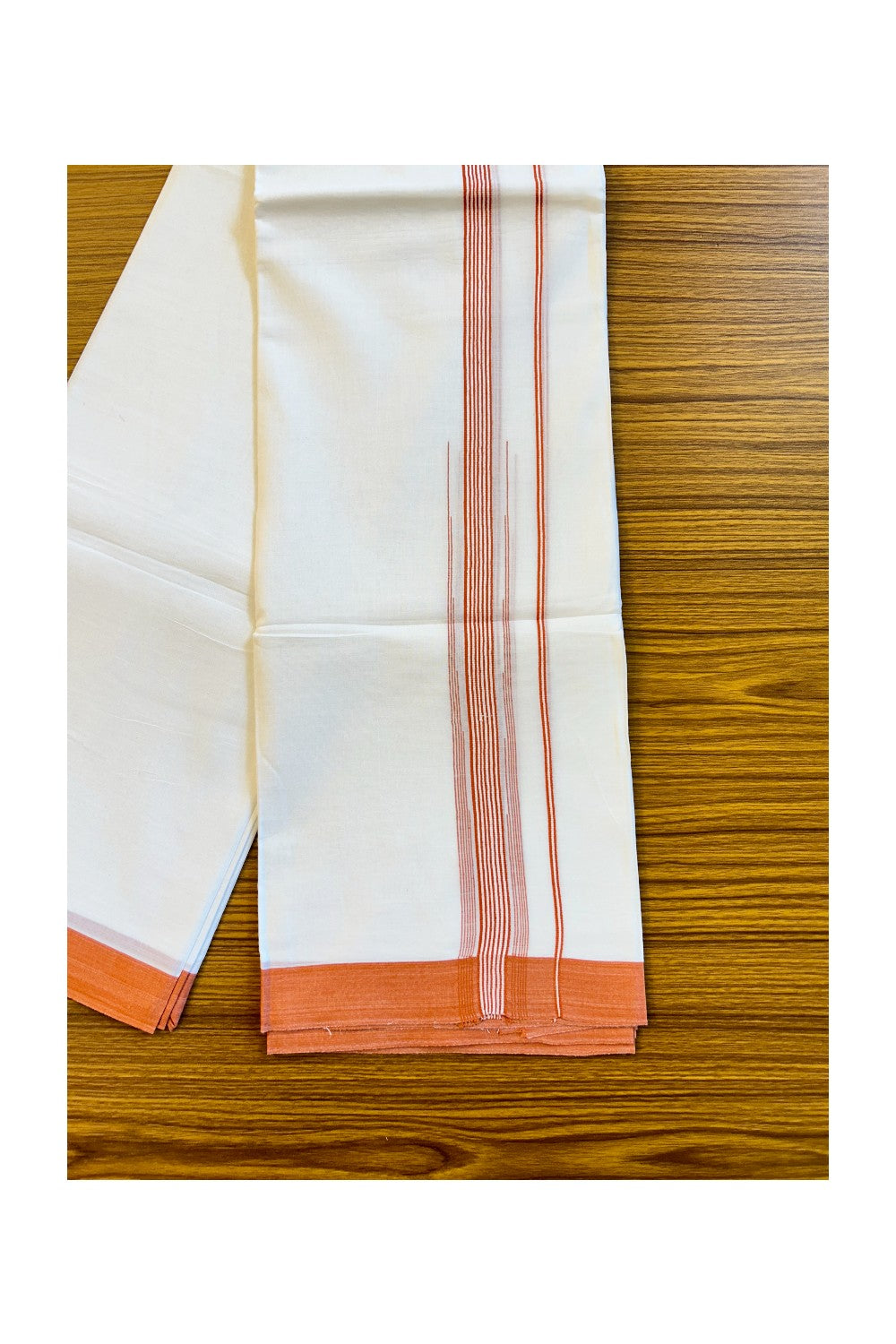 22% DISCOUNT!! Kaitharikada Balaramapuram 100% Cotton Ultra WHITE Double Mundu/Dothi-100x100  2.25 Inch ORANGE Striped Cotton Kara 3.80m- 17KK74RAM