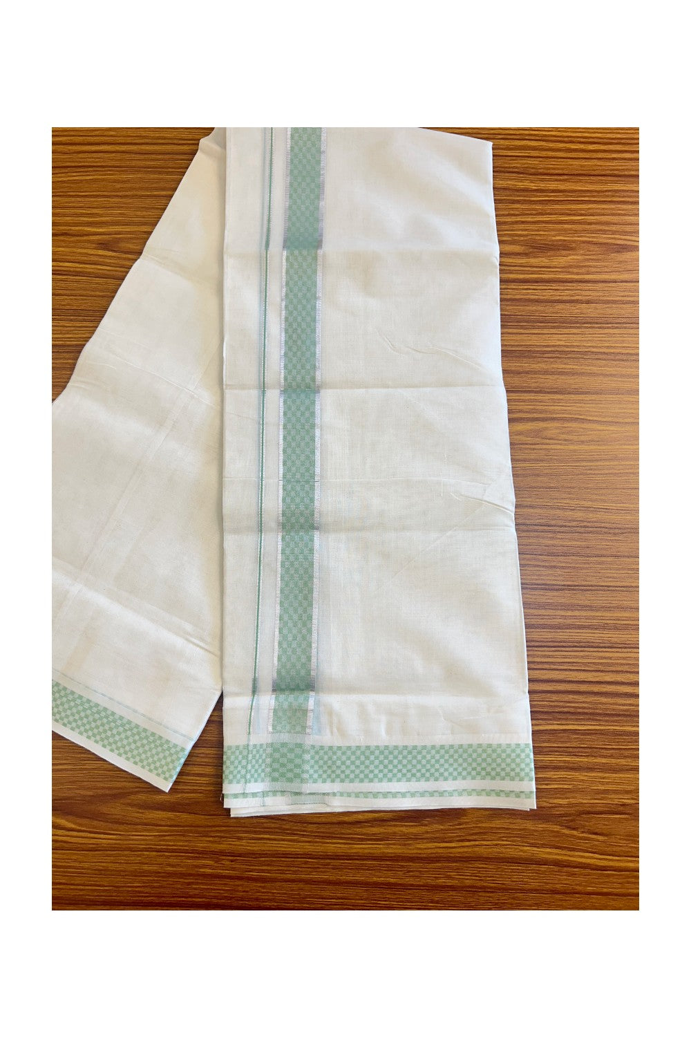 21% DISCOUNT ! KaithariKada Balaramapuram 100%  Cotton Double off white  Mundu/Dhoti - 100X100 Silver kasavu  light green check design kara - 17KK78PMC