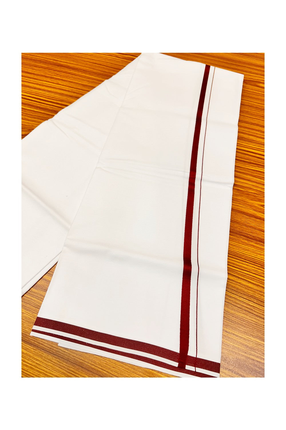 15% OFFER!! KaithariKada 100% Cotton PURE WHITE SINGLE Mundu/Dhoti-40X40 Maroon+Brown 2cm  Kara- 17pra