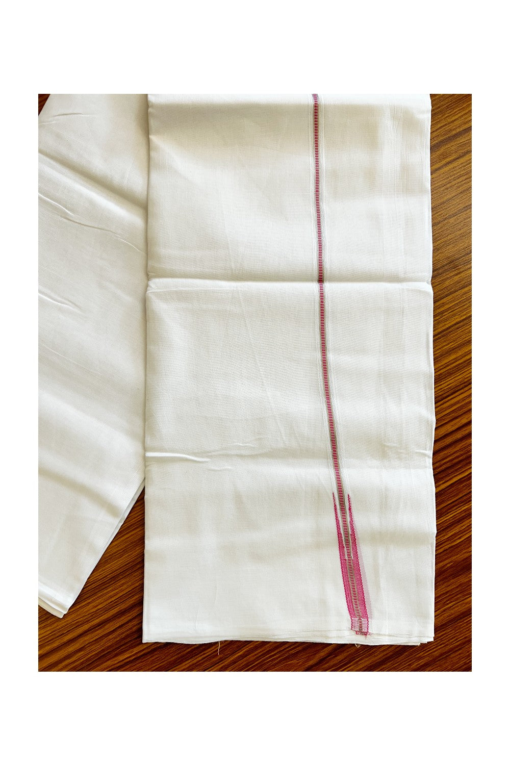 23% DISCOUNT!! KaithariKada Balaramapuram 100% Cotton PURE WHITE Double Mundu/Dhoti-100x100  1.5cm Puliyilakkara  MUTHUKKURI  DARK PINK  AND SILVER  KASAVU Chutty Pattern KARA.