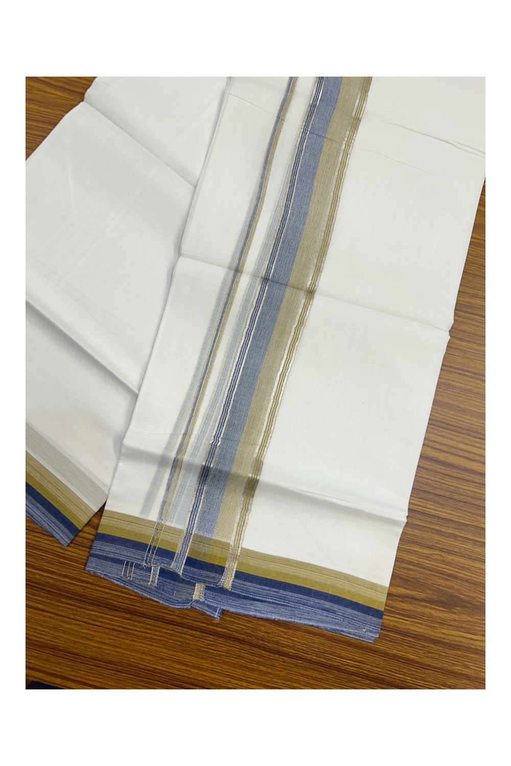 21% Discount !! KaithariKada Balaramapuram Double PURE WHITE Mundu/Dhoti- 100x80 - 1.75 inch Blue Olive Green Kara Silver Striped kara - 17KK5143PMC