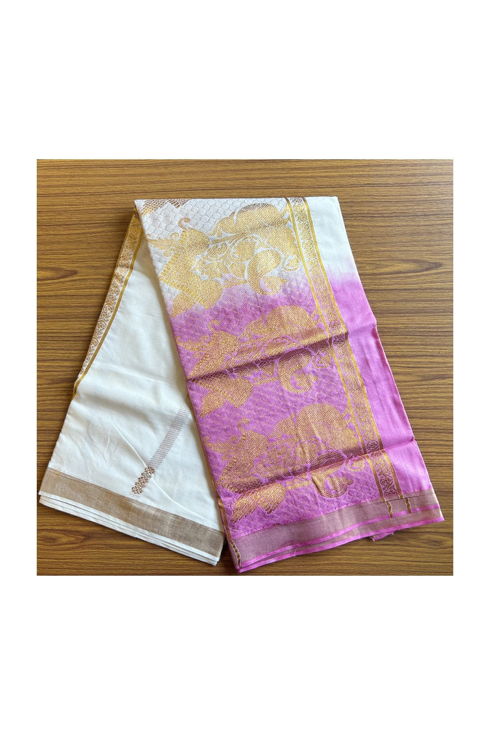 15% Discount! Kaitharikada Kerala Cotton Saree - Purple Colour Dyed & 24 inch Kasavu Saree with Peacock Pattern Putta Design- 18KK1003HAR