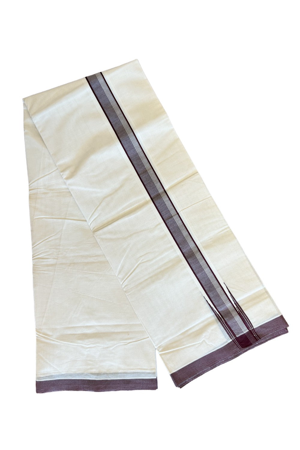 20% DISCOUNT ! KaithariKada 100% Cotton OFF WHITE (Unbleached) Double Dhoti/Mundu- 1.75inch  Puliyilakkara Brown Wings Chutty - 22KK455ASH