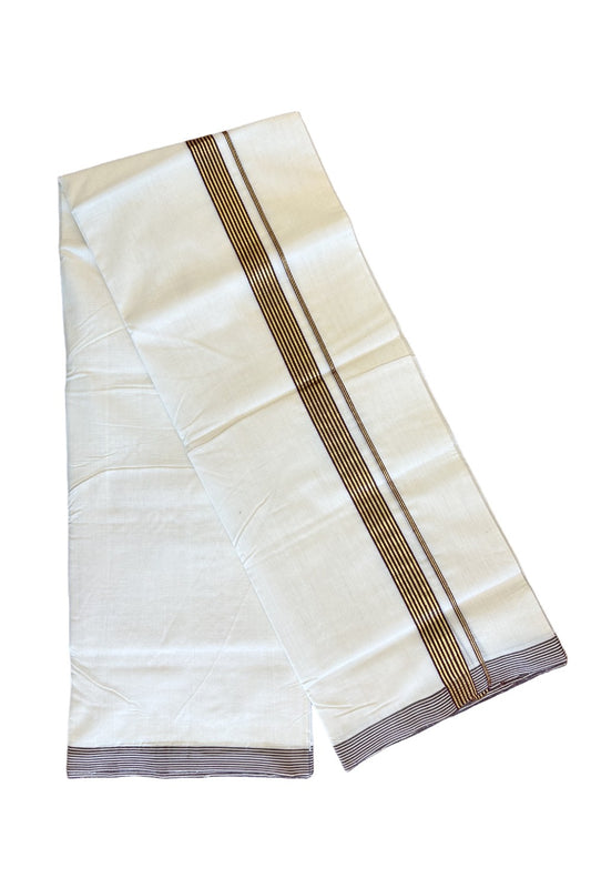 15% Discount!!! KaithariKada HANDLOOM UNAKKUPAAV Balaramapuram - 100% PURE Cotton off white (Unbleached) Double Mundu/Dhoti - 1.5 inch Brown & kasavu striped kara - 18KK458SOM