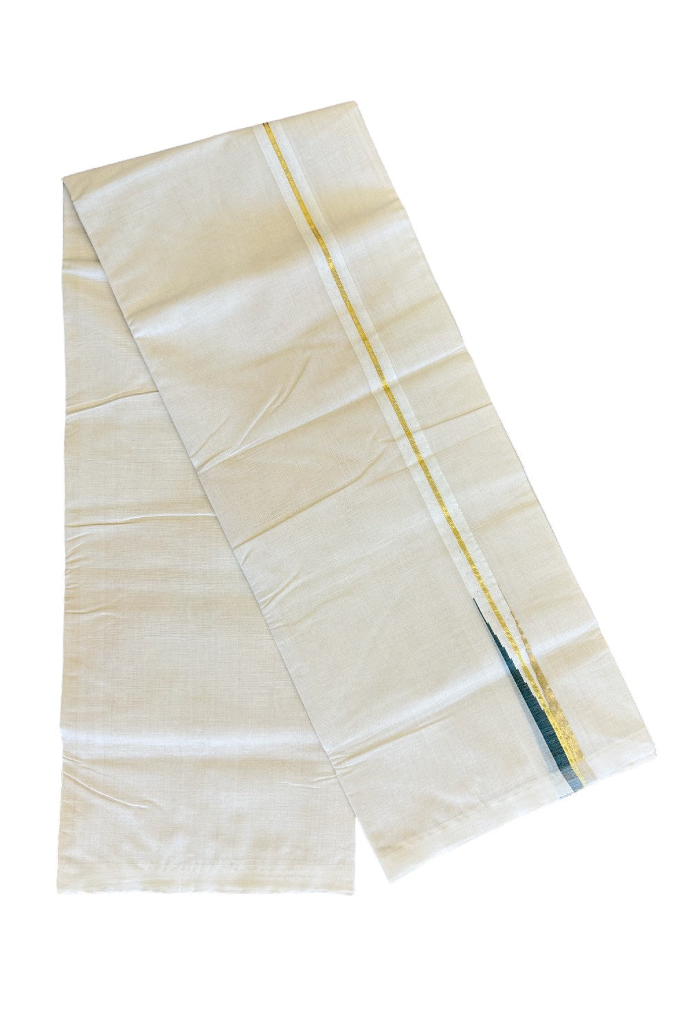 15% DISCOUNT!! KaithariKada HANDLOOM Millpaav Balaramapuram - 100% PURE Cotton OFF White - (Unbleached) Double Mundu/Dothi - 2 cm puliyilakkara Kasavu & Dark green chutty - 18KK476RAM