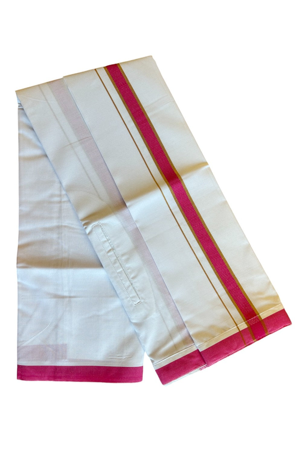 KaithariKada Balaramapuram COTTON SINGLE PURE WHITE VELCRO Mundu/Dhoti - 1.75inch Dark Pink & Kasavu kara - 18KK485SRI