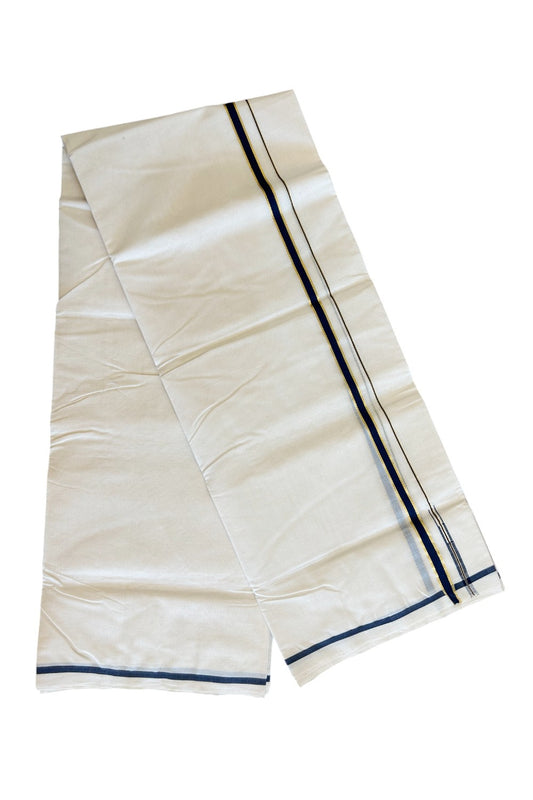 19% DISCOUNT!! KaithariKada HANDLOOM Millpaav Balaramapuram - 100% PURE Cotton OFF White - (Unbleached) Double Mundu/Dothi - 1.5cm Puliyilakkara side striped Gold kasavu Navy Blue chutty - 18KK498KK