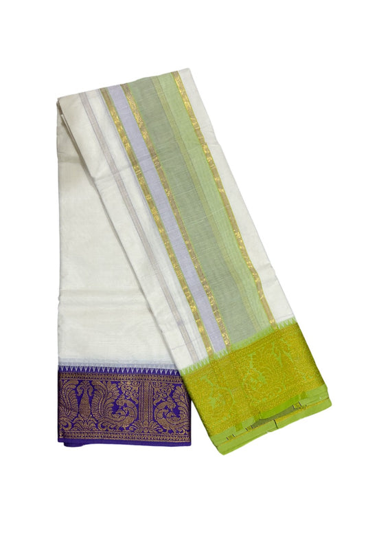 36% DISCOUNT! KaithariKada - Cotton  Mix - Off White - (Unbleached) 80x80 thread- 80% Cotton & 20% Polyester - NORTH INDIAN  - ATTACHED GAMCHA 9X5 Dhoti 5inch Light Green kara with Violet & Green Kasavu border  - 18KK5005PMC