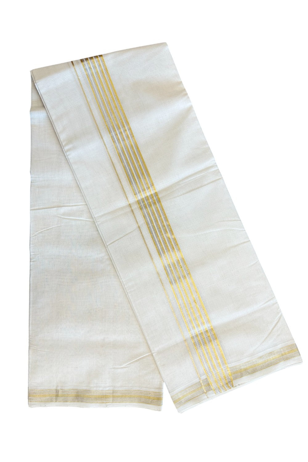 8% DISCOUNT ! KaithariKada HANDLOOM Millpaav Balaramapuram - 100% PURE Cotton Off White - (Unbleached) Double Mundu/Dhoti - 2.25 inch Gold Kasavu & Silver Striped Kara - 18KK5029RAM