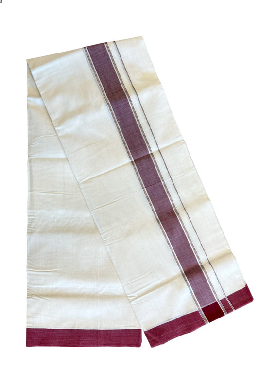 21% Discount KaithariKada HANDLOOM UNAKKUPAAV Balaramapuram - 100% PURE Cotton off white (Unbleached) Double Mundu/Dhoti - 2.75 inch Maroon Brown Silver Kasavu-116