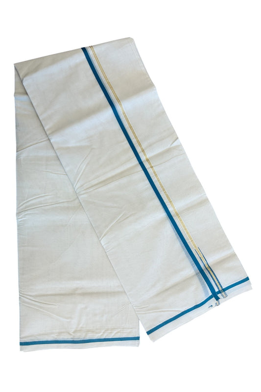 14% Discount Latest!! KaithariKada Balaramapuram 100% Cotton Double Off white - (Unbleached) - Mundu/Dhoti-100x100 - 1 cm Puliyilakkara Chutty Green + Blue & Kasavu Kara - 70