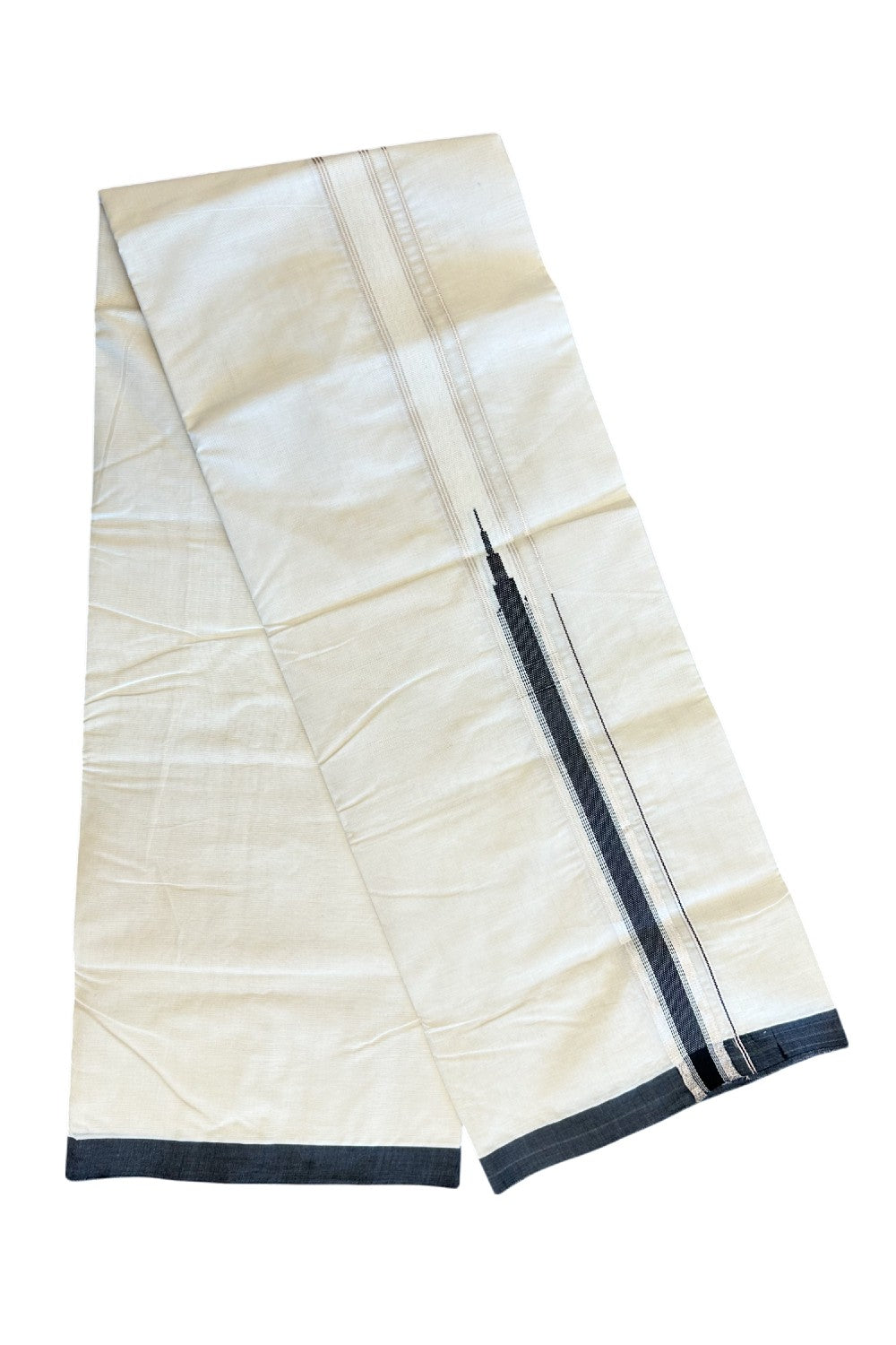 31% Discount !! KaithariKada Balaramapuram 100% Cotton Double Off White - (Unbleached) Mundu/Dhoti-100x100 1.25 inch Heavy Chutty Silver Kasavu & Black kara - 18KK5045ASH