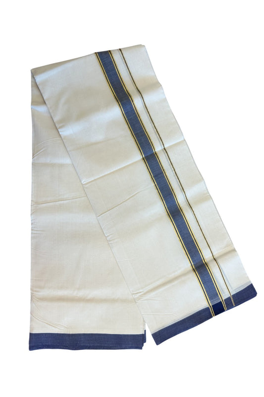 21% Discount KaithariKada HANDLOOM Unakkupaav Balaramapuram - 100% PURE Cotton Off White (Unbleached) - 100x100 Double Mundu/Dhoti -  2inch Gold Kasavu Navy Blue Kara- 90