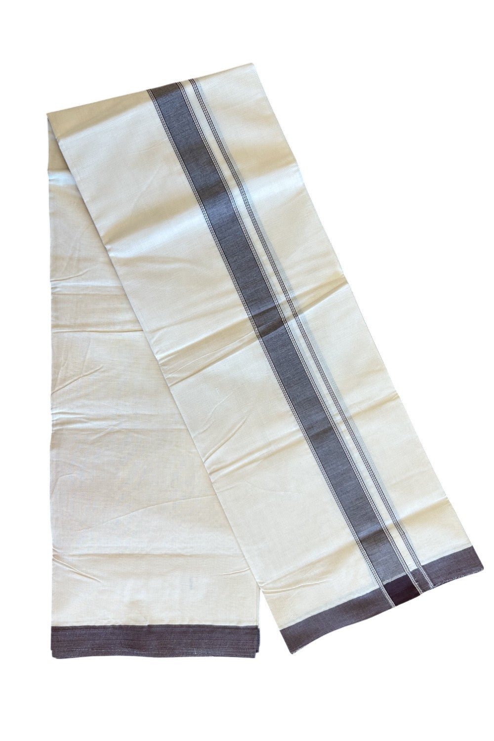 10% Discount KaithariKada Balaramapuram 100% Cotton Double Off white - (Unbleached) - Mundu/Dhoti- 100x80 - 2 inch Chocolate Brown Kara 3.75 mtr - 164