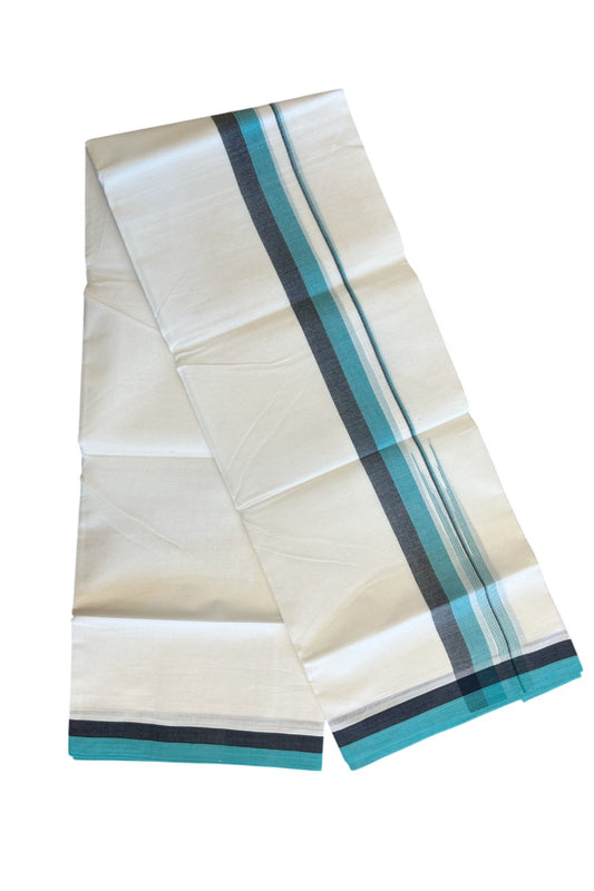 19% Discount!!! KaithariKada Balaramapuram  Double Off white - (Unbleached) Mundu/Dhoti - 80X90 - 1.5 inch Black & Dark Turquoise Green Chutty Kara 3.85 meters - 18KK5058GUN