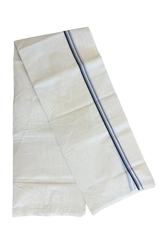 33% DISCOUNT ! KaithariKada Balaramapuram 100% Cotton Double Off white (Unbleached) Mundu/Dhoti-100X100 - NAVY BLUE & STRIPES 2.cm Kara 4 mtr - ASH016.