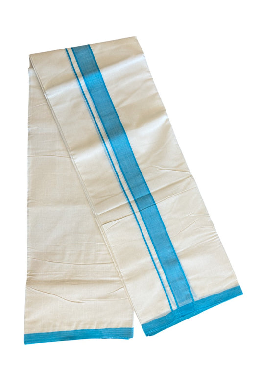 10% DISCOUNT! KaithariKada Balaramapuram  HANDLOOM 100% Cotton Double Off white - (Unbleached) Mundu/Dhoti-100X100- 2  inch SKY BLUE  Kara-60.