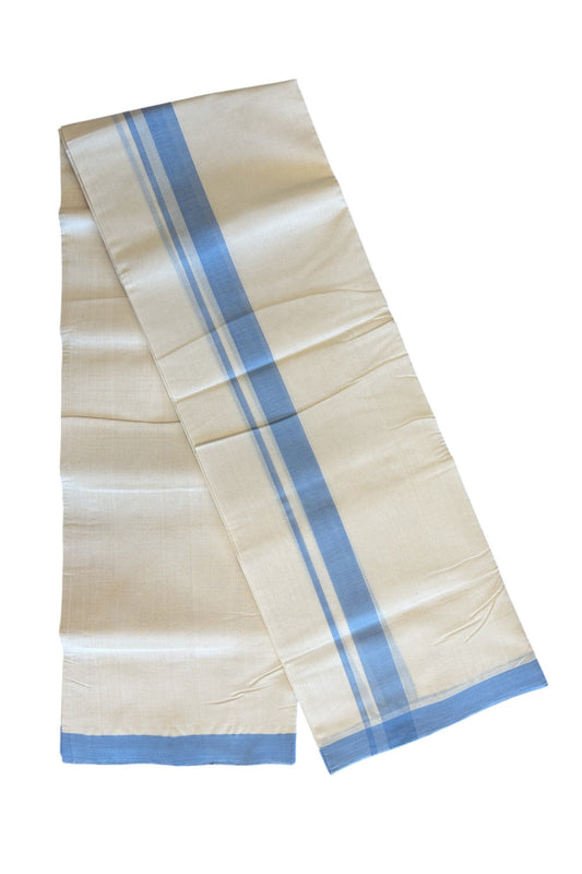 32% Discount! KaithariKada Balaramapuram Handloom 100% Millpaav Cotton Double Mundu/Dhoti Off white (Unbleached) - 100x100 Sky Blue Mulloth Border 3.60m- KK30RAM