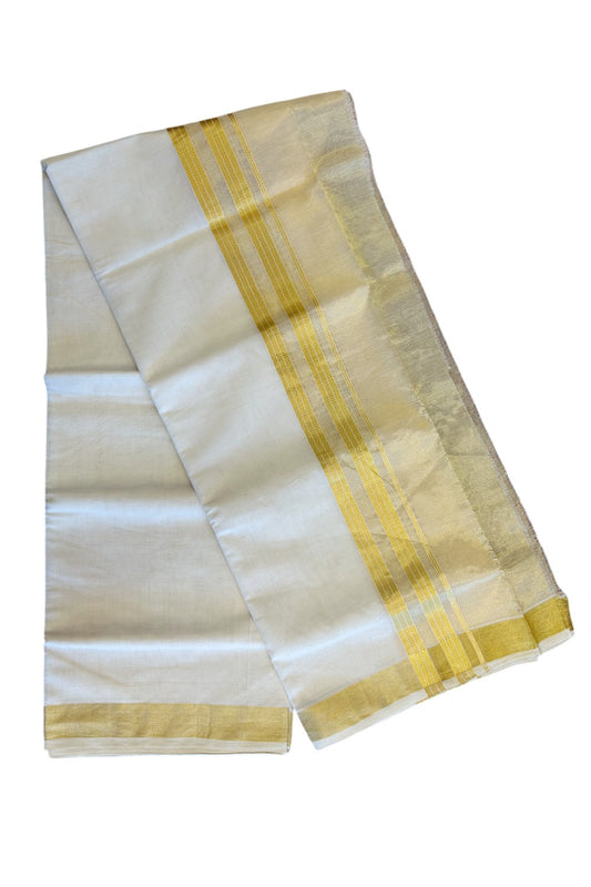 24% DISCOUNT! KaithariKada HANDLOOM Millpaav Balaramapuram - 100% PURE Cotton Off White (Unbleached) -  Double Mundu/Dhoti - Gold Kasavu 7 inch Kara Stripes & Tissue- KAIHM004