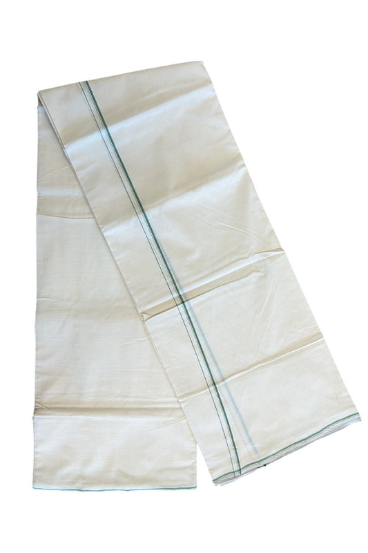 21% Discount!!! KaithariKada 100% Cotton Handloom Kalamachal Off white (Unbleached) Double Dhoti/Mundu - 0.5 Inch Green