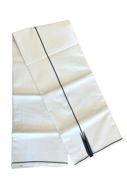 19% DISCOUNT!! KaithariKada Balaramapuram 100% Cotton PURE WHITE Double Mundu/Dhoti-100x100  2 cm Puliyilakkara  Black striped Chutty KARA - 21KK412ASH