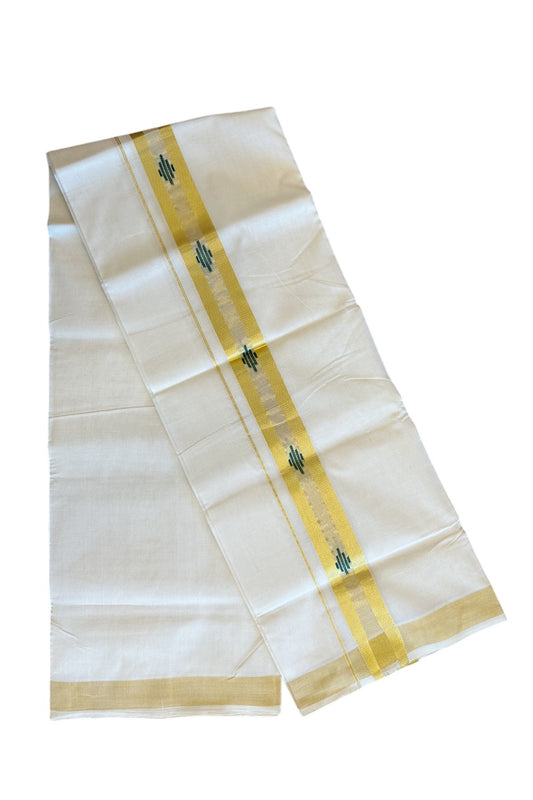 30% Discount!!! KaithariKada HANDLOOM UNAKKUPAAV Balaramapuram - 100% PURE Cotton off white (Unbleached) Double Mundu/Dhoti -100x 100 - 2.5 inch Kasavu with Center Tissue & Green design kara - 17KK5096YAR